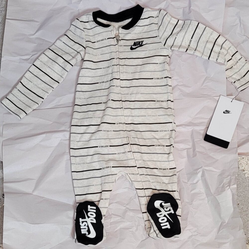 Nike Baby Boys Striped Onesie with Full Zip & "Just Do It" Footed Design -